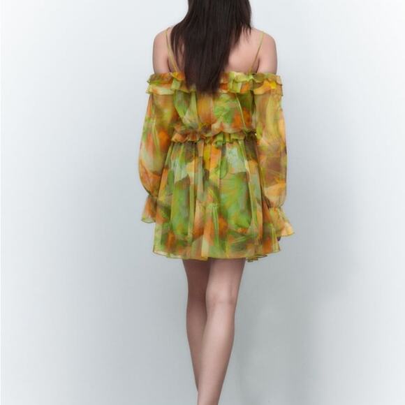 ZARA BLOGGER FAVORITE PRINTED TULLE DRESS GREEN - Picture 11 of 15